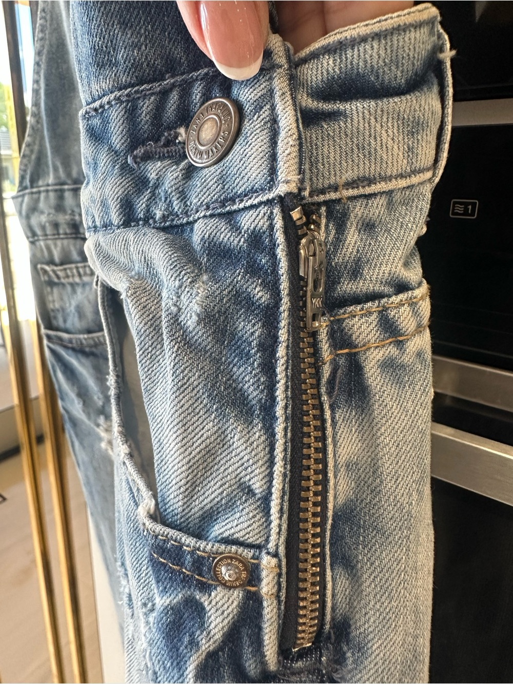 Zara Trafaluc Blue Light Wash Denim Distressed Boehmian Country Overalls- Size S - Picture 7 of 12